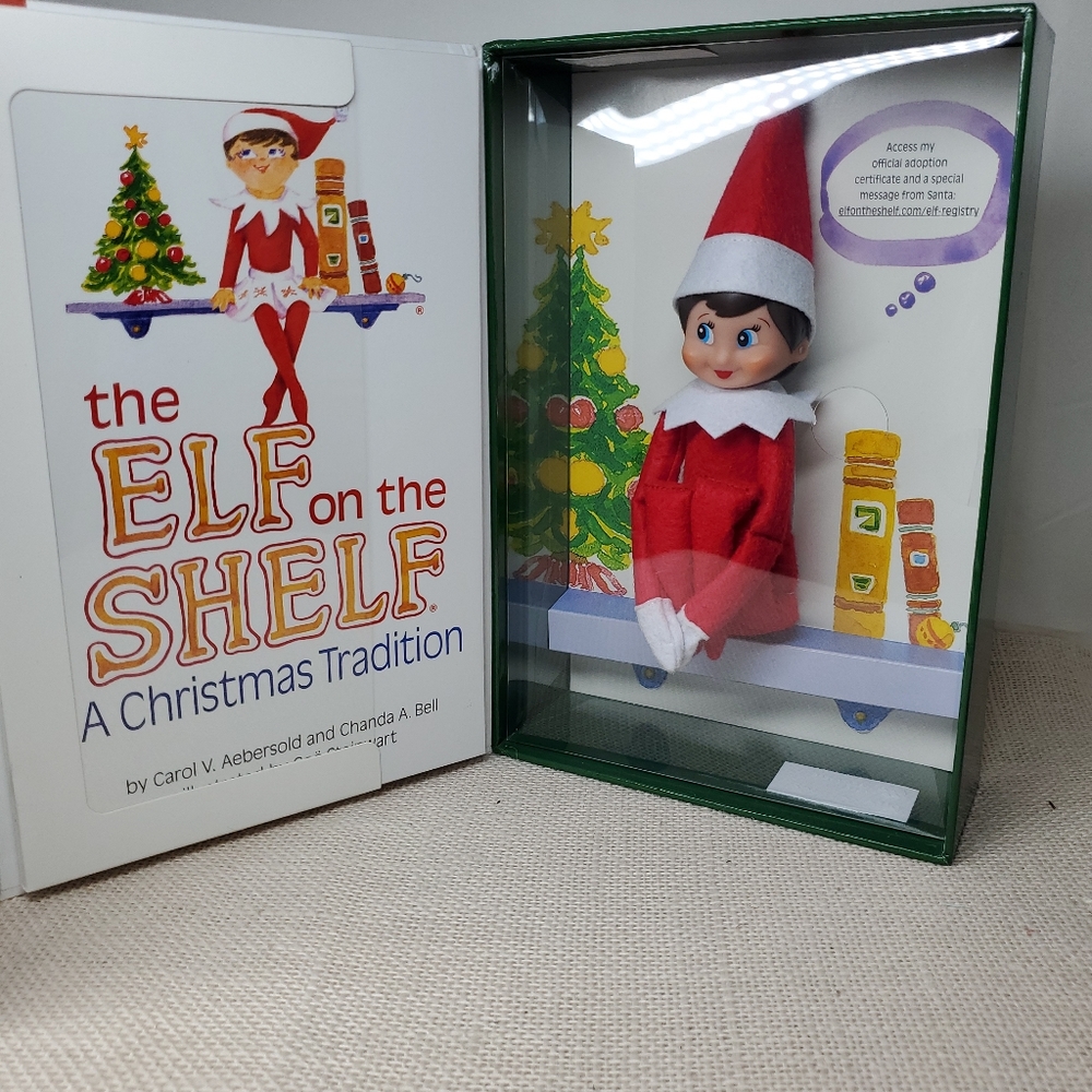 Elf on the Shelf and Book Christmas Tradition sealed brown hair blue eyes girl